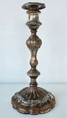 Подсвечник старинный латунь, 19 век, серебрение. Высота: 28 см.