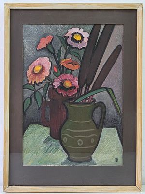 Воловик Таисия Ефимовна (1914 г.р.) "Натюрморт с цветами и камышом" , бумага, темпера, акварель. 