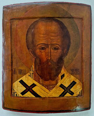 Икона "Николай Чудотворец Оплечный" ковчег, живопись 19 век, стилизация под 16 век. темпера на 