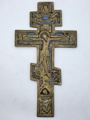 Крест Распятие Христово, эмали, пластика 19 век. Размер: 196 х 10,5 см.