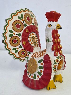 (авторская) Дымковская игрушка Индюк, автор Белик, Вятка СССР. Высота: 18,5 см. 
целая