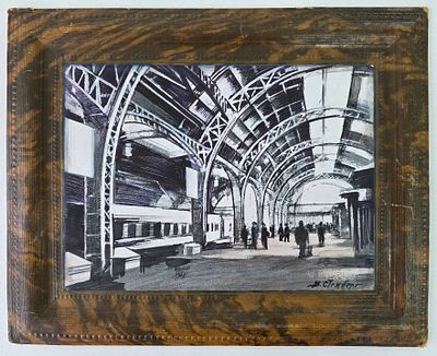 Стенберг Владимир "Витебский Вокзал" бумага, картон, смеш.техника. Размер по раме 37,5 х 30,5 