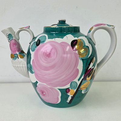 Чайник фарфоровый большой 4,5л Роза Дулёво Фарфор Дулево зеленое крытье, рос. Леонов, 80-е года СССР