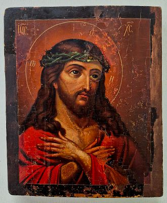 Икона Спас в Терновом Венце, 31х26 см (необычное исполнение) 19 век, темпера. есть небольшие 