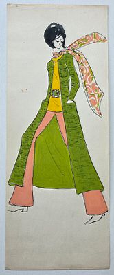 Дом моды Вячеслава Зайцева. Эскиз 1970 - 80 гг. Бумага, смешанная техника. Размер: 37 х 14 см.