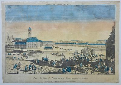 Антикварная гравюра с ручной подкраской Vue du Port de Brest et dar Uguna sinus de la Marine. 