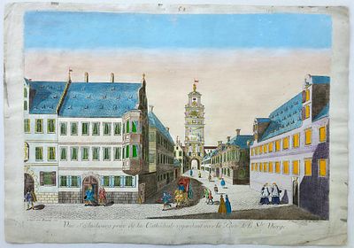 Антикварная гравюра с ручной подкраской ВИД НА ОСБУРГ, КАФЕДРАЛЬНОГО СОБОРА В СТОРОНУ ФОРТЕ. 