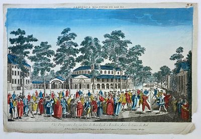 Антикварная гравюра с ручной подкраской Ротонда и дом Ранелаг в садах Ранелаг, Челси, Лондон. 