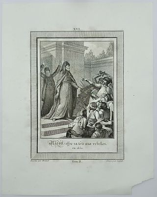 Старинная гравюра. Новгород Бунт Митрополит Никон предлагает свою голову мятежникам 1813 год 