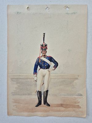Рисунок "Солдат времен Отечественной войны 1812 г.", бумага, карандаш, акварель . 28х20 см 