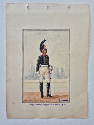 Рисунок "Солдат времен Отечественной войны 1812 г.", бумага, карандаш, акварель, подпись. Рисунок 