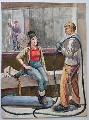 Китайкин Евгений Петрович (1926-2016) "Строители " Соцреализм, бумага, акварель, гуашь, 1980-е годы