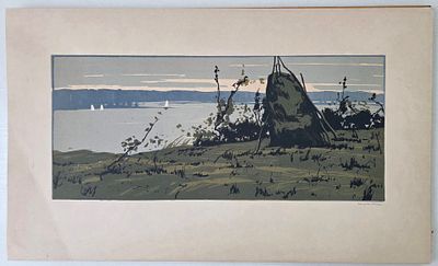 Т.Скородумова Цветная линогравюра "Пейзаж с парусами ". Размер: 50 х 30 см.