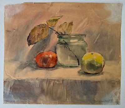 Ю. Леонтьев "Натюрморт с банкой, 1957 год, бумага, акварель. Размер: 33 х 28,5 см.