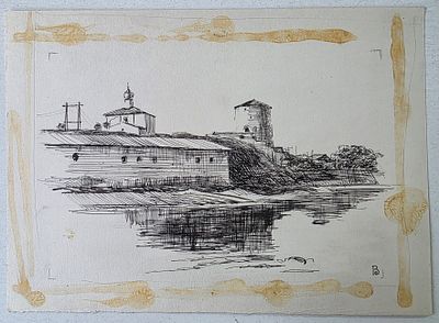 В. Сидоров "На реке Псков" бумага, тушь 1970 г. Размер: 29 х 21 см.