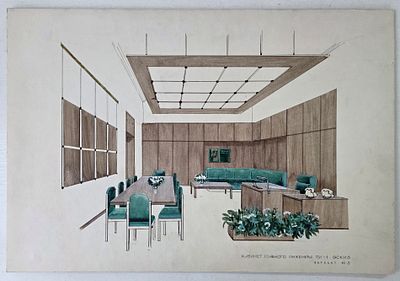 В. Сидоров Эскиз "Кабинет главного инженера" Вариант 1,смеш.техника, картон. Размер: 58,5 х 40 см.