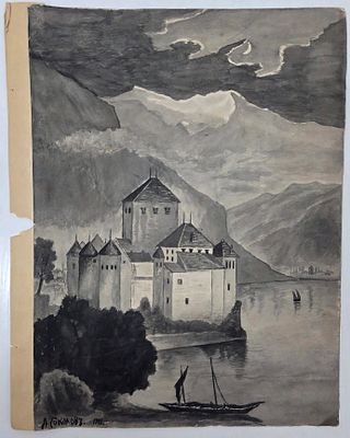 Рисунок старинный, замок Шьльон, А.Соколов, 1903 г , бумага, акварель. Размер: 35 х 28 см. 