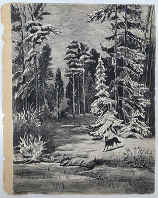Рисунок старинный Красноселье Зимой, А.Соколов, 1903 г , бумага, акварель. Размер: 35 х 28 см. 