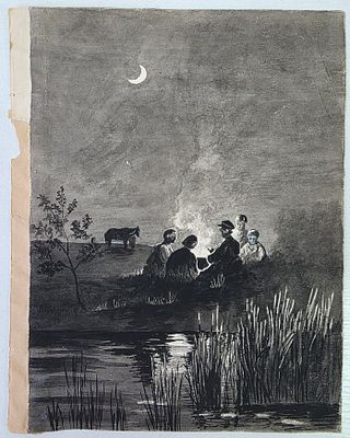 Рисунок старинный, Ночное, А.Соколов, 1903 г , бумага, акварель. Размер: 35 х 25 см.