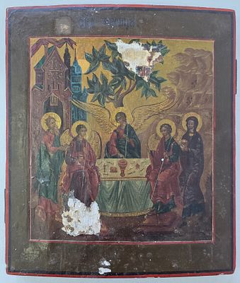 Икона Троица Ветхозаветная, живопись темпера, доска. Размер: 35,5 х 31 см. 
есть реставрация