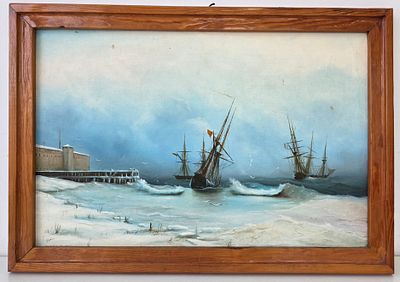 Картина "Бухта с Кораблями" холст, масло, 20 век. Размер по раме 66 х 45 см.