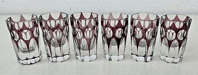 6 стопок марганцевый хрусталь, шлифованное дно Богемия?. Высота: 5,5 см. Диаметр: 3,5 см. 
все 