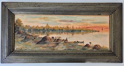 Картина худ.Caramelli A 1915 год, ПЕЙЗАЖ, бумага на картоне, акварель 
размер по раме 75х37,5 см