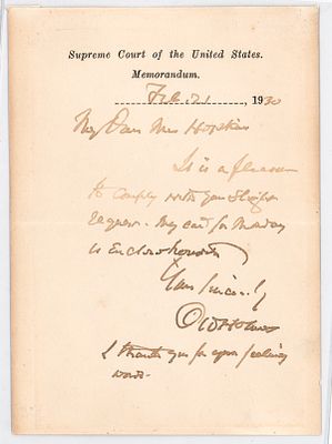 Oliver Wendell Holmes, Jr. Memorandum 1930 on Supreme Court letterhead. Measures 5.5 x 4 in. 