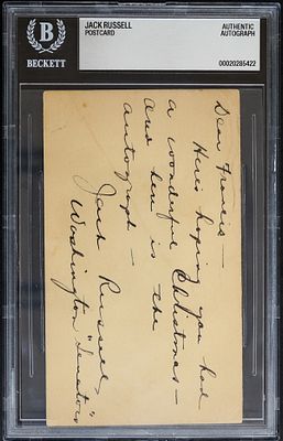 Jack Russell Autographed Government Postcard. Jack Erwin Russell was a Major League Baseball 