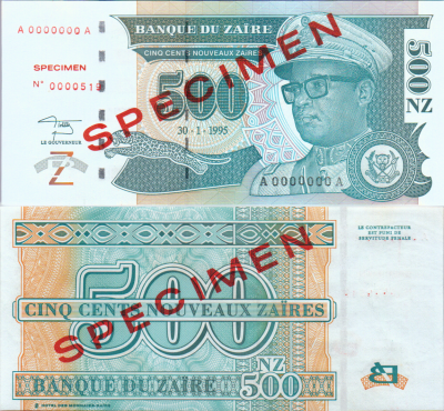 500 Nouveaux Zaires 1995, Zaire – UNC (SPECIMEN). Year: 1995 
Country: Zaire 
Size: 158 x 74 mm 