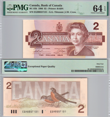 2 Dollars 1986 Canada, PMG EPQ 64 Choice Uncirculated. Year: 1986 
Country: Canada 
Size: 152 x 