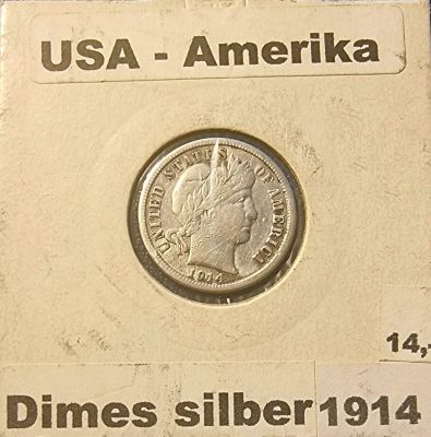 Silver coin 1 Dime 1914, United States "Barber Dime", 2.5 grams Silver 900, 17.9 mm. Silver coin 