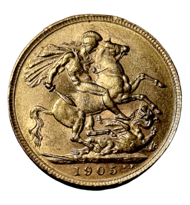 Gold Sovereign coin 1905 with profile of king Edward VII, 0.9170 gold, weight: 7.98 grams 