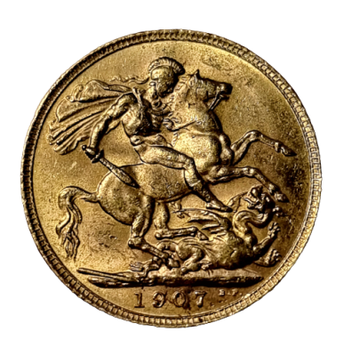 Gold Sovereign coin 1907 with profile of king Edward VII, 0.9170 gold, weight: 7.98 grams 