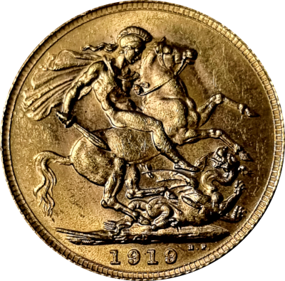 Gold Australian Sovereign coin 1919 with profile of king George V, 0.9170 gold, weight: 7.98 