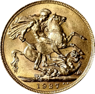 Gold South African Sovereign coin 1927 with profile of king George V, 0.9170 gold, weight: 7.98 