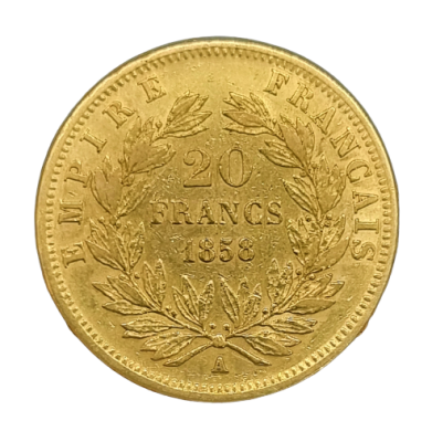 France - 20 francs 1858 gold coin with a profile of Napoleon III. 0.900 gold, weight: 6.45 grams. 