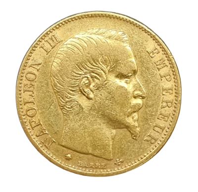 France - 20 francs 1859 gold coin with a profile of Napoleon III. 0.900 gold, weight: 6.45 grams. 