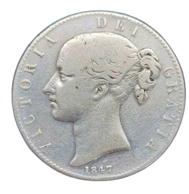 England - 1 Crown 1847 silver coin with a profile of Queen Victoria. 0.925 silver, weight: 