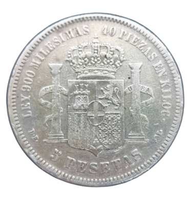Spain - 5 Pesetas 1871 silver coin with a profile of King Amadeao I. 0.900 silver, weight: 25 grams