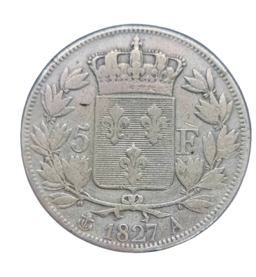 France - 5 Francs 1827 silver coin - Charles X profile. 0.900 silver, weight: 25 grams
. 5 