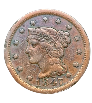 USA - 1 Cent 1847 copper coin - "Braided Hair Cent". weight: 10.89 grams, Diameter: 27.5 mm. 