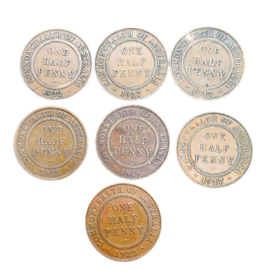 Australia - Lot of 7 bronze half penny coins from the years 1913-1927 - "George V". Weight: 5.6 