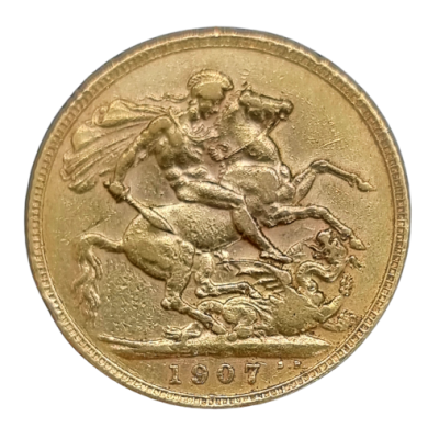 Gold Sovereign coin 1907 with profile of king Edward VII, 0.9170 gold, weight: 7.98 grams 