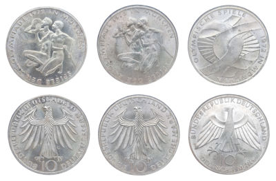 Germany - Lot of 3 silver 0.625 coins "Munich Olympics" from 1972 - nice conditions 
- 10 