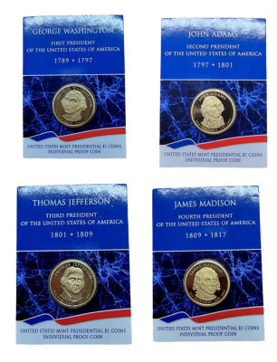USA - Lot of 4 proof 1 dollar coins "Presidents of the United States" - in original Packages . Lo 