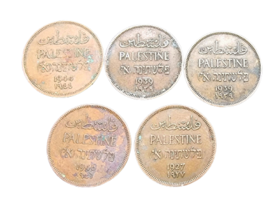 Israel-Palestine (British Mandate) - Lot of 5 coins of 1 Mils from 1927,1939,1944, 1946 

