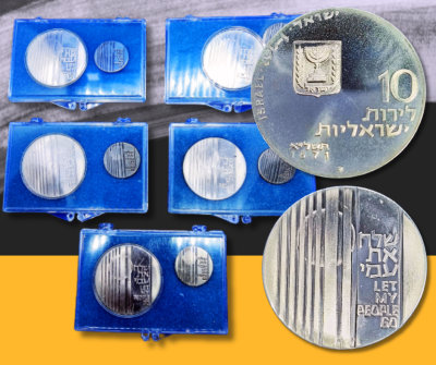 Israel - Lot of 5 sets of 'Let my People Go' coin and pin, made of 900 silver, in original 