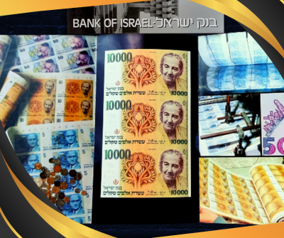 Israel - Uncut sheet of 3 banknotes 10000 Sheqels 1984 "Golda Meir" in an original folder of 