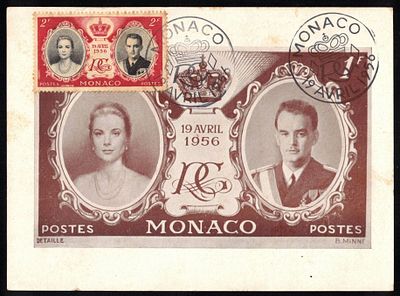 Postcard from Monaco officially issued in honor of the wedding of Prince Rainier III and 